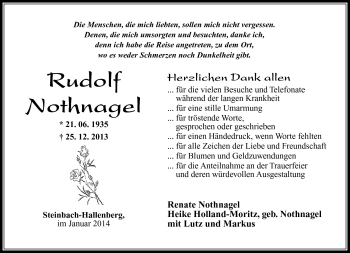 Traueranzeige von Rudolf Nothnagel von Südthüringer Presse