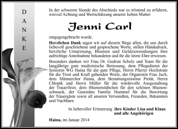 Traueranzeige von Jenny Carl von Südthüringer Presse