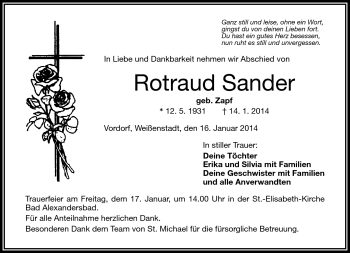 Traueranzeige von Rotraud Sander von Frankenpost
