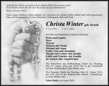 Traueranzeige von Christa Winter von Südthüringer Presse