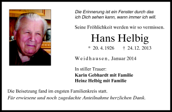 Traueranzeige von Hans Helbig von Neue Presse Coburg