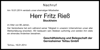Traueranzeige von Fritz Rieß von Neue Presse Coburg