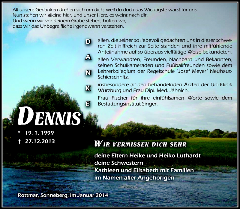  Traueranzeige für Dennis Luthardt vom 18.01.2014 aus Südthüringer Presse