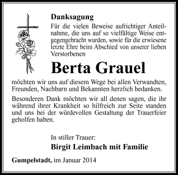 Traueranzeige von Berta Graul von Südthüringer Presse