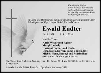 Traueranzeige von Ewald Endter von Südthüringer Presse