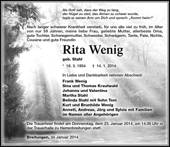 Traueranzeige von rita Wenig von Südthüringer Presse