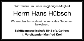 Traueranzeige von Hans Hübsch von Frankenpost