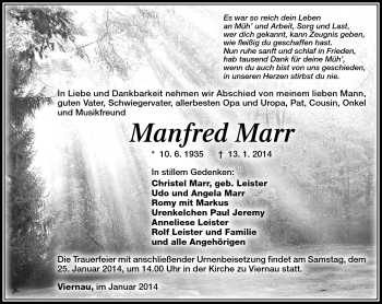 Traueranzeige von Manfred Marr von Südthüringer Presse