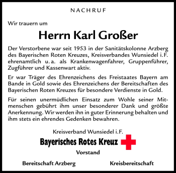 Traueranzeige von Karl Großer von Frankenpost