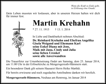 Traueranzeige von Martin Krehahn von Südthüringer Presse