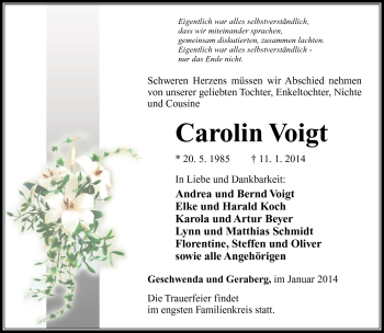 Traueranzeige von Carolin Voigt von Südthüringer Presse