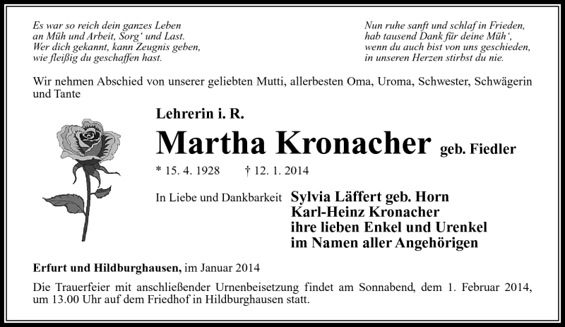  Traueranzeige für Martha Kronacher vom 18.01.2014 aus Südthüringer Presse