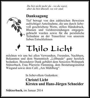 Traueranzeige von Thilo Licht von Südthüringer Presse