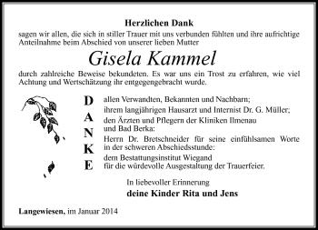 Traueranzeige von Gisela Kammel von Südthüringer Presse