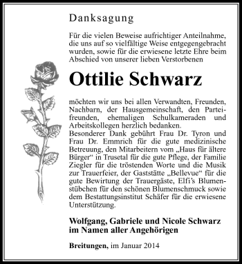 Traueranzeige von ottilie Schwarz von Südthüringer Presse