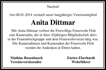 Traueranzeige von Anita Dittmar von Südthüringer Presse