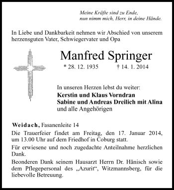 Traueranzeige von Manfred Springer von Neue Presse Coburg