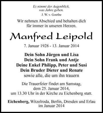 Traueranzeige von Manfred Leipold von Südthüringer Presse