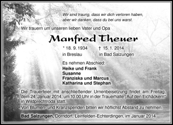 Traueranzeige von Manfred Theuer von Südthüringer Presse