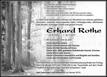 Traueranzeige von Erhard Rothe von Südthüringer Presse