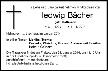 Traueranzeige von Hedwig Bächer von Frankenpost