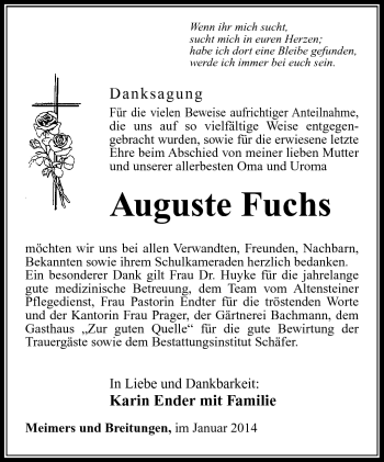 Traueranzeige von Auguste Fuchs von Südthüringer Presse