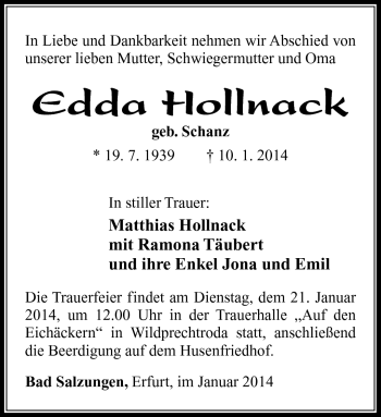 Traueranzeige von Edda Hollnack von Südthüringer Presse