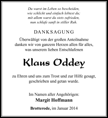 Traueranzeige von Klaus Oddey von Südthüringer Presse