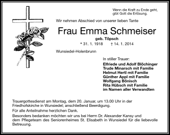Traueranzeige von Emma Schmeiser von Frankenpost