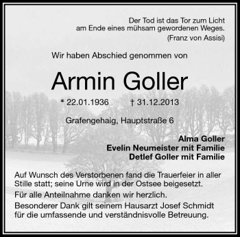 Traueranzeige von Armin Goller von Frankenpost