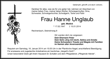 Traueranzeige von Hanne Unglaub von Frankenpost