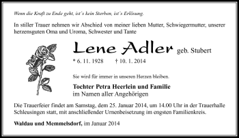 Traueranzeige von Lene Adler von Südthüringer Presse