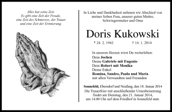 Traueranzeige von Doris Kukowski von Neue Presse Coburg
