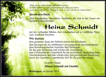 Traueranzeige von Heinz Schmidt von Südthüringer Presse