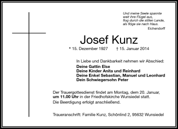 Traueranzeige von Josef Kunz von Frankenpost