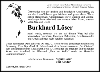 Traueranzeige von Burkhard Löser von Südthüringer Presse