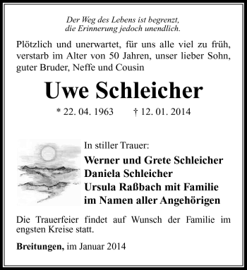 Traueranzeige von Uwe Schleicher von Südthüringer Presse