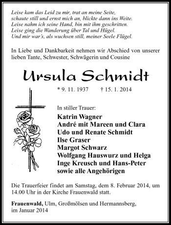 Traueranzeige von Ursula Schmidt von Südthüringer Presse