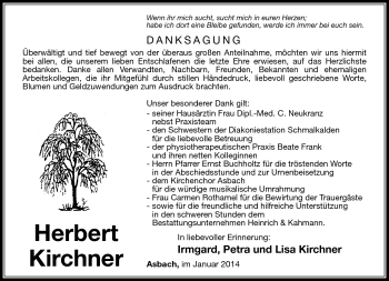 Traueranzeige von Herbert Kirchner von Südthüringer Presse