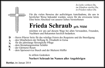 Traueranzeige von Frieda Schraub von Südthüringer Presse