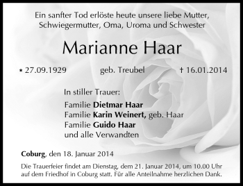 Traueranzeige von Marianne Haar von Neue Presse Coburg