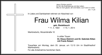 Traueranzeige von Wilma Kilian von Frankenpost