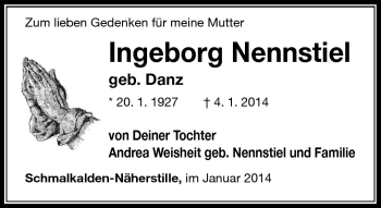 Traueranzeige von Ingeborg Nennstiel von Südthüringer Presse