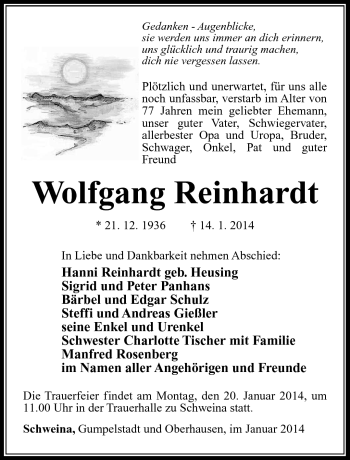 Traueranzeige von Wolfgang Reinhardt von Südthüringer Presse