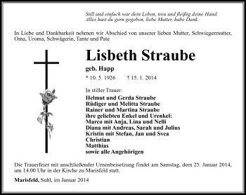 Traueranzeige von Lisbeth Straube von Südthüringer Presse
