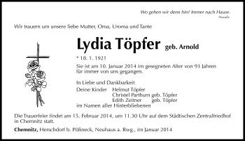 Traueranzeige von Lydia Töpfer von Südthüringer Presse