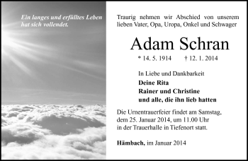 Traueranzeige von Adam Schran von Südthüringer Presse