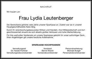 Traueranzeige von Lydia Leutenberger von Frankenpost