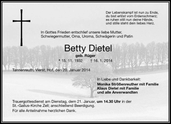 Traueranzeige von Betty Dietel von Frankenpost