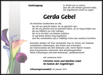 Traueranzeige von Gerda Gebel von Südthüringer Presse